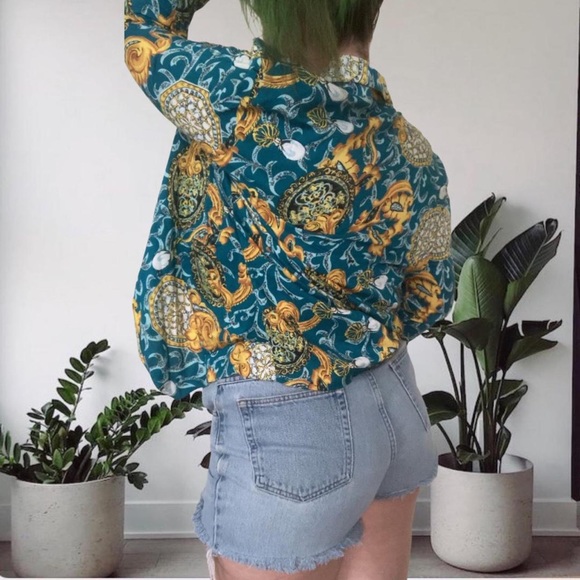 Vintage Y2K 90s Print Light Blazer Open Blouse M Blue Gold Flowy Medium - Picture 5 of 9